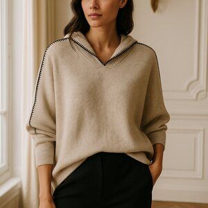 Vila Milano Knit Hoodie Poncho – Beige with Black Stitch Trim – Size L